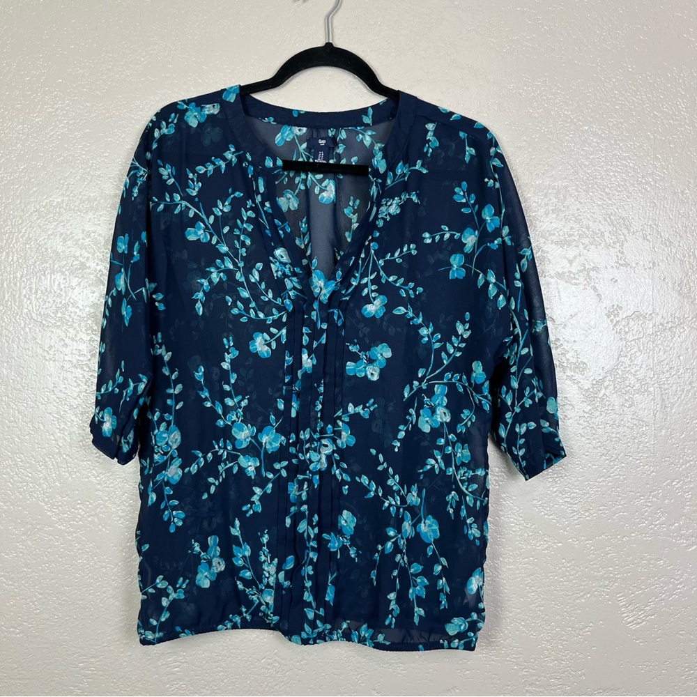 5 for $30 Gap women 3/4 sleeve v-neck blue black‎ floral blouse size large - Picture 7 of 16